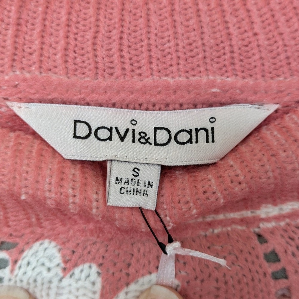 Davi & Dani Daisy Floral Knit Sweater Womens Small Pink Pointelle Pullover Boho - Picture 2 of 7